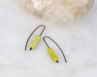 Sleek Minimal Earrings, Rustic Stone Earrings, Rectangle Drop Earrings, Modern Earring, Yellow Green Stones, Serpentine Earrings