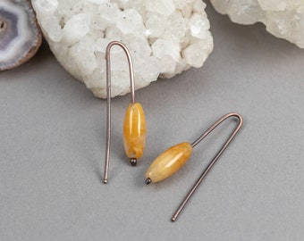 Minimal Drop Earrings, Yellow Stone Earrings in Copper, Wire Threader Earrings, Modern Rustic Earring
