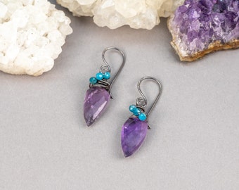 Wire Wrapped Earrings, Teal and Purple Stone Earrings, Amethyst and Apatite, Amethyst Earrings, Rustic Jewelry, Natural Stone