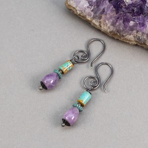 Amethyst and Turquoise Stone Earrings: Sterling Silver, Handmade