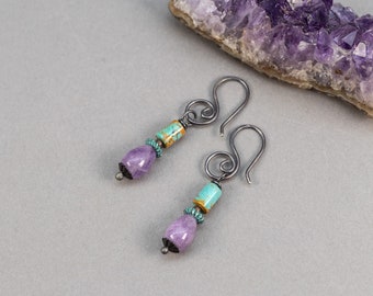 Turquoise and Purple Stone Earrings, Stone Bead Earrings, Amethyst and Turquoise, Sterling Silver