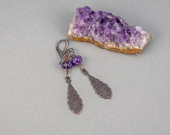 Purple Stone Dangle Earrings, Art Nouveau Style Charms, Amethyst Earrings in Copper, Rustic Earrings, Graceful Earrings