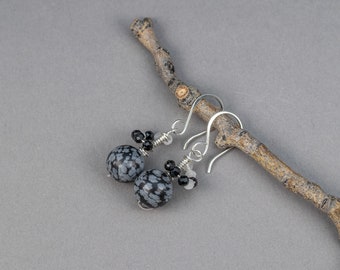 Snowflake Obsidian Earrings, Black and White Stone Drop Earrings, Neutral Jewelry, Natural Gemstone Earrings in Silver