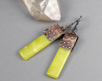 Bright Green Stone Bar Earrings: Textured Copper Earrings with Serpentine Stones