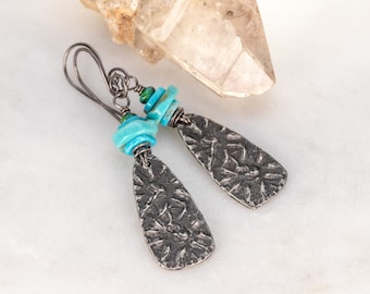 Rustic Tribal Earrings, Textured Dangle Earrings, Genuine Turquoise Earrings, Boho Turquoise Earrings, Pewter Charms, Natural Stone Jewelry