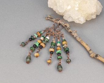 Green Stone Earrings, Multistone Chandelier Earrings, Long Hippie Earrings, Earthy Copper and Natural Stone Earrings