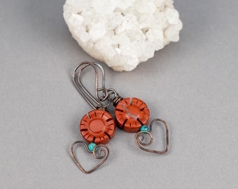 Red Jasper Earrings, Hearts and Flowers Earrings, Rustic Heart Earrings in Copper, Natural Stone Jewelry