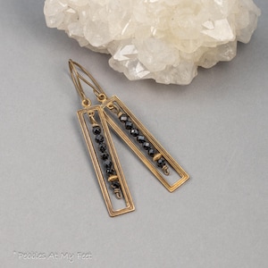 Art Deco Brass Dangle Earrings: Black Spinel Gemstone Jewelry