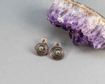 Rustic Spiral Studs, Copper Post Earrings, Pyrite Earrings, Petite Earrings, Natural Stone, Dainty Jewelry