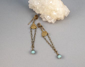 Vintage Style Dangle Earrings, Art Nouveau Inspired, Brass Earrings, Amazonite Stone, Aqua Earrings, Romantic Gemstone Jewelry