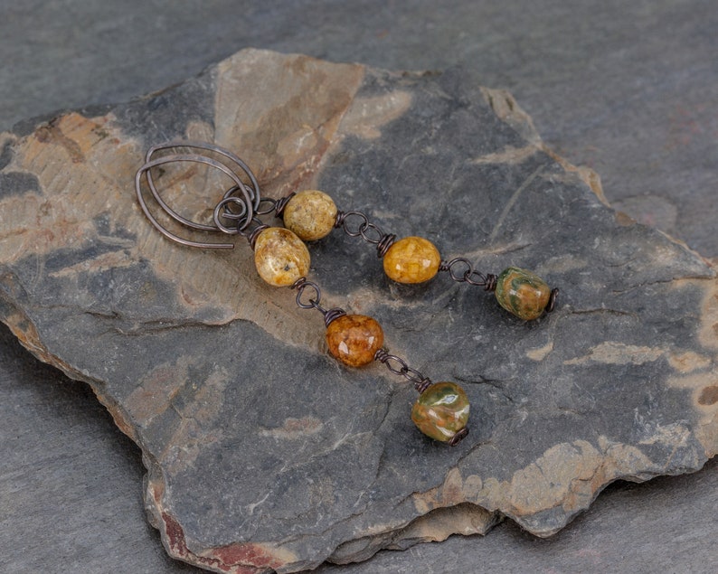 Brown and Green Stone Earrings Rustic Jasper Linear Earrings Ocean Jasper with Rhyolite