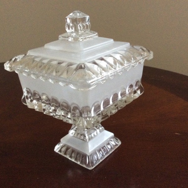 Really Pretty Square Frosted and Clear Glass Compote Thumbprint design Candy Dish with Lid.