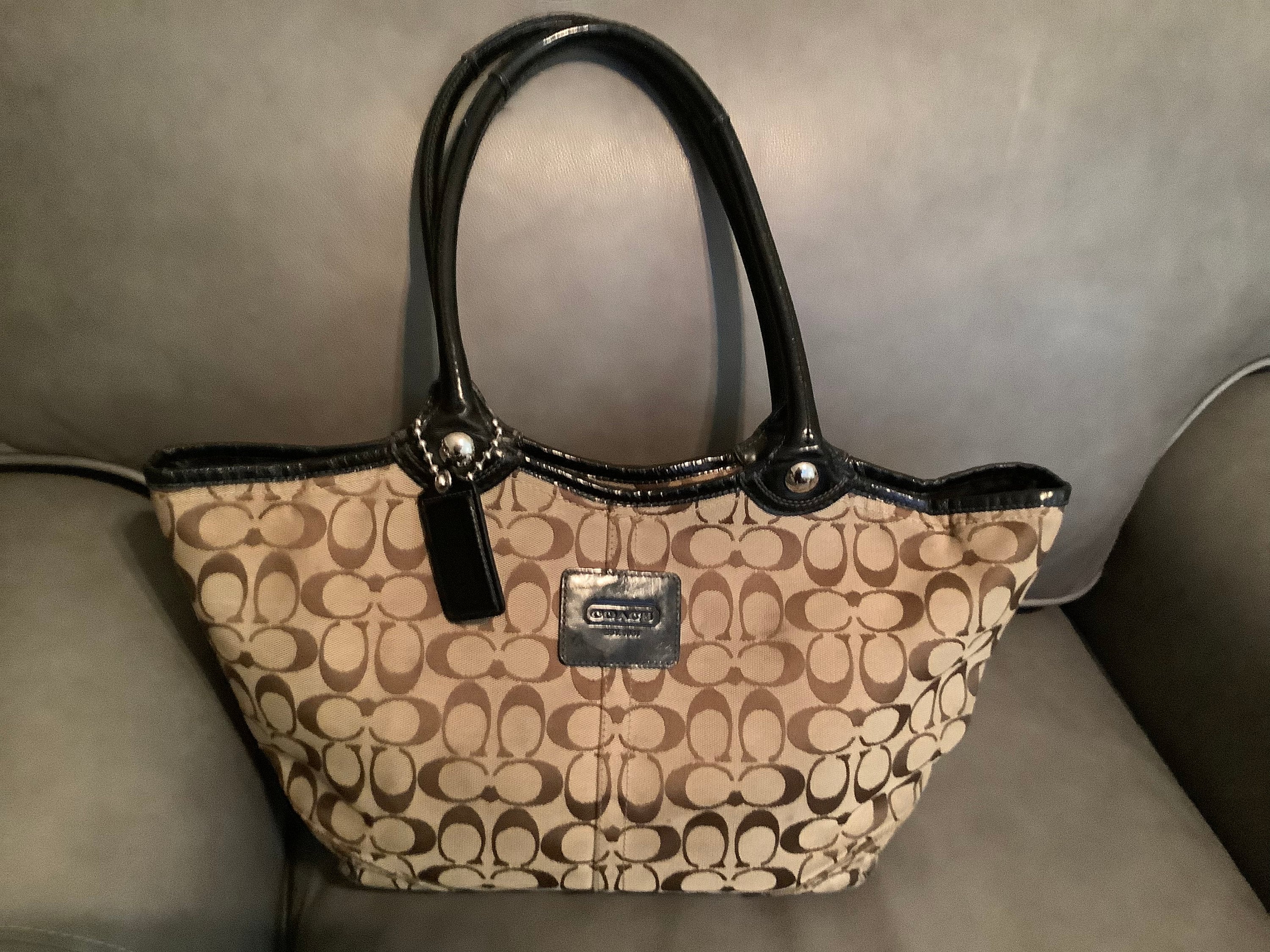 Coach Bleecker Brown Signature C Canvas Black Leather Tote with Silver Hardware Bag No.K0959-F14385.