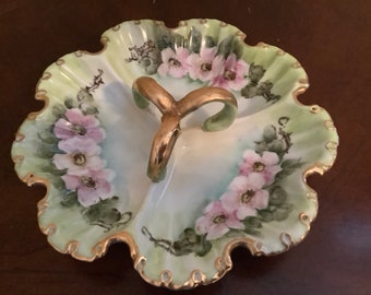 A Three Section Antique Divided Dish with Pink Flowers, Gold Trim and Handle.