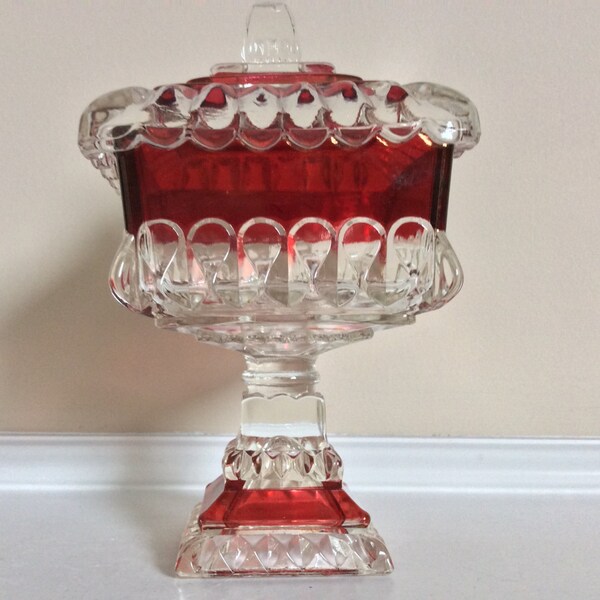 Lovely Ruby Red Cranberry Flash  Glass Pedestal/Compote Candy Dish/Wedding Box with Lid.