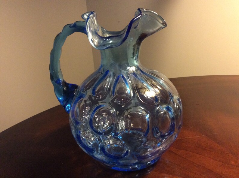 A Small Fenton Blue Glass Coin Dot Pitcher With a Ruffled Top. - Etsy