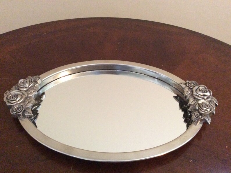 An Oval Shaped Floral Designed Silver Plated Vanity Mirror Etsy