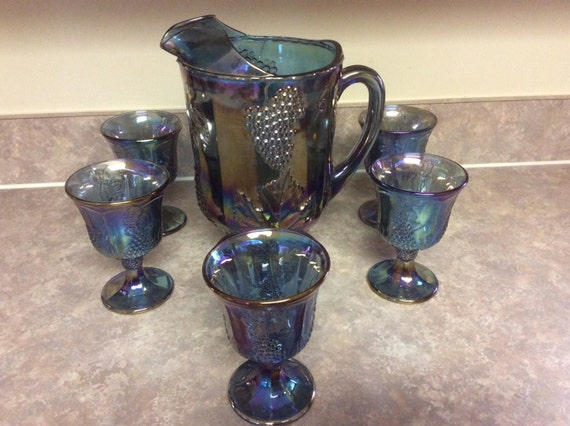 希少完全4セット！ゲーベル Goebel ミュシャ　四季☆花瓶 金採飾壺　ガラス Blue Carnival Glass Beverage Set: Harvest Grape Pitcher & Goblets