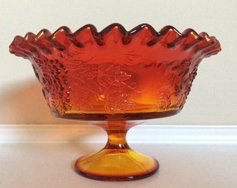 Vintage Amberina Glass Compote Bowl: Red & Yellow Grape Design