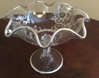 Floral Silver Overlay Glass Compote - Ruffled Edge Pedestal Bowl