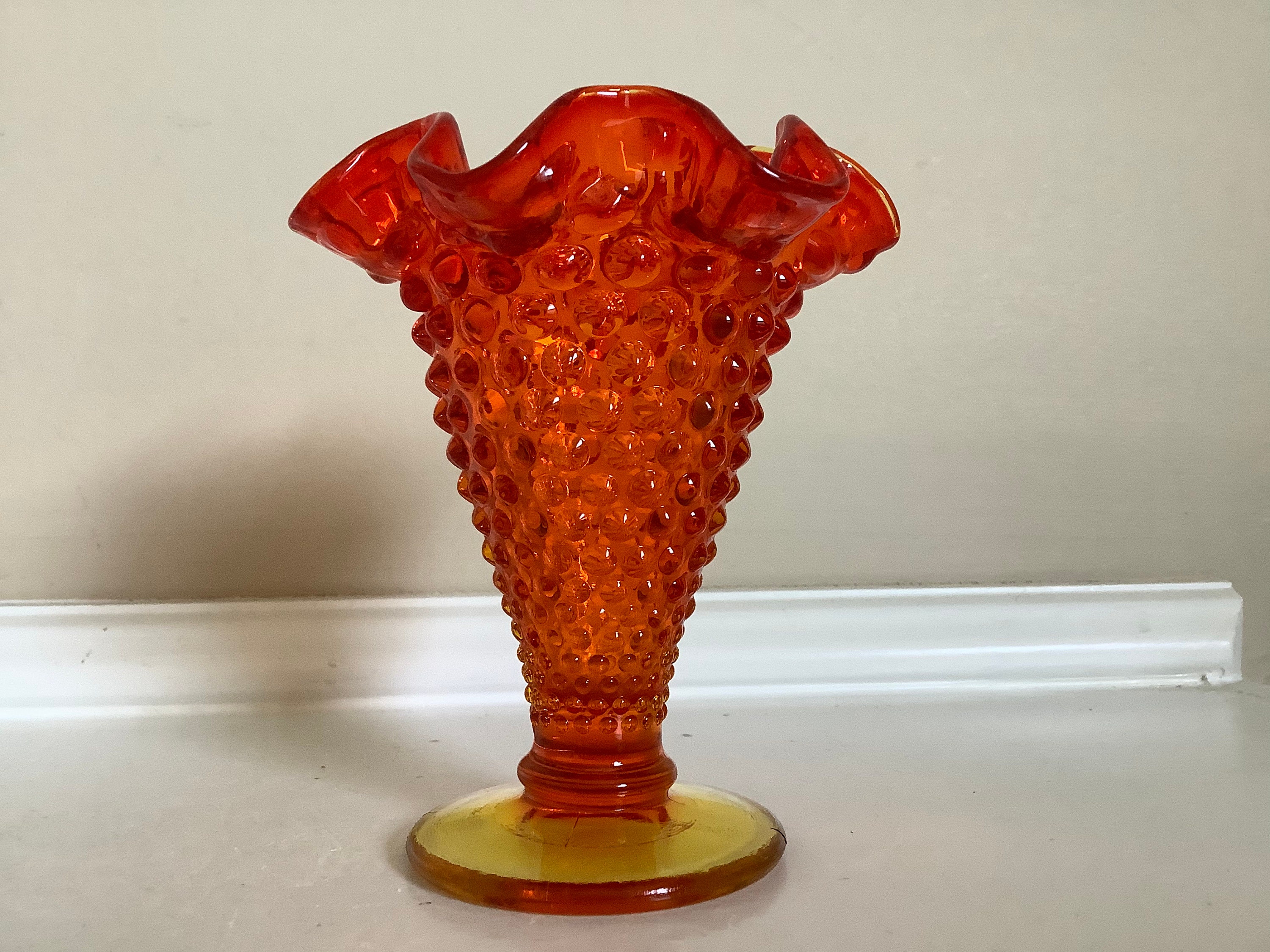 Fenton Small Amberina Trumpet Shape Hobnail Ruffled Glass Vase