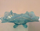 Pretty Blue Opalescent Art Glass Dish with rolled Edges.