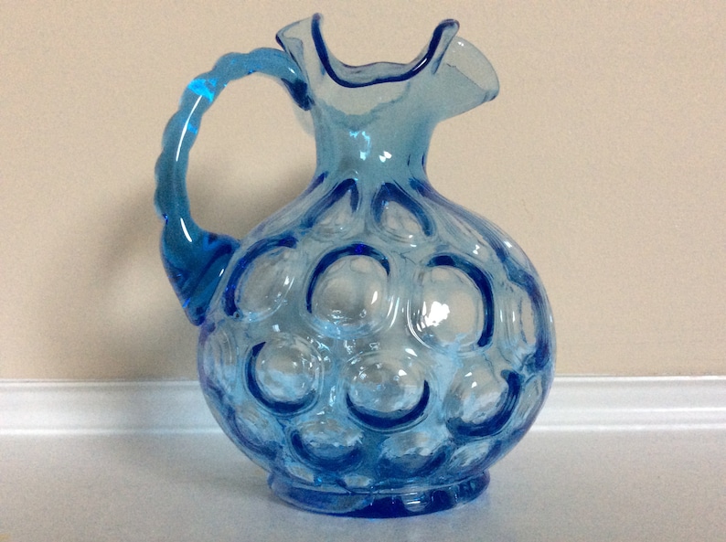 A Small Fenton Blue Glass Coin Dot Pitcher With a Ruffled Top. - Etsy