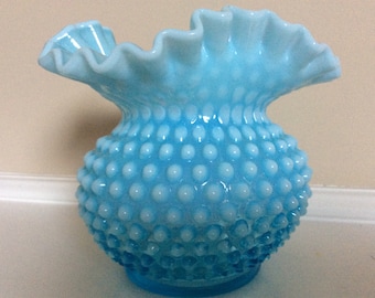 ヴィンテージ フェントン ブルー オパールセント ホブネイル花瓶