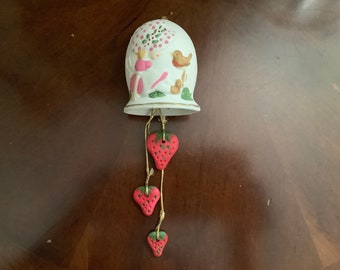 Strawberry Shortcake Ceramic Bisque bell with hanging Strawberries, Jasco