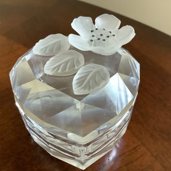 A Gorgeous Small Swarovski Crystal Heart Shaped Jewelry Box with a Frosted Flower and Leaves on the Cover, Austria.