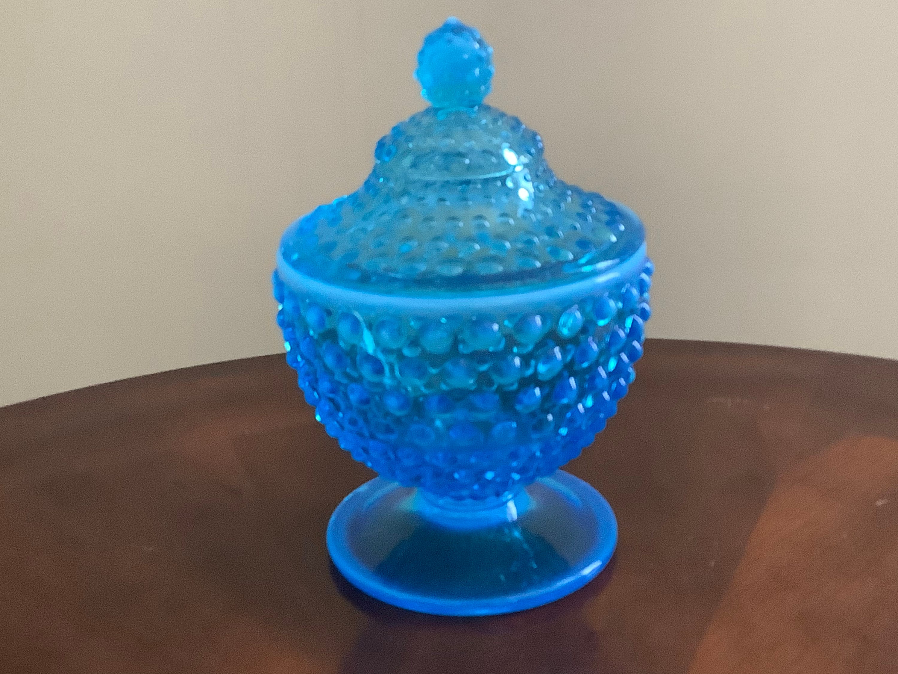 Fenton Blue Opalescent Hobnail Glass Candy Dish.