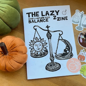 The Lazy Zine Autumn Issue Balance illustrated hand made rest and self care zine printed copy with stickers
