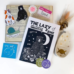 The Lazy Zine Winter Issue Hibernation illustrated hand made rest and self care zine printed copy with stickers