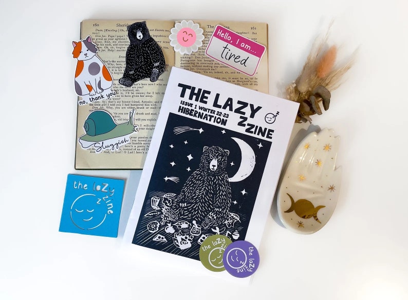 The Lazy Zine Winter Issue Hibernation illustrated hand made rest and self care zine printed copy with stickers image 1