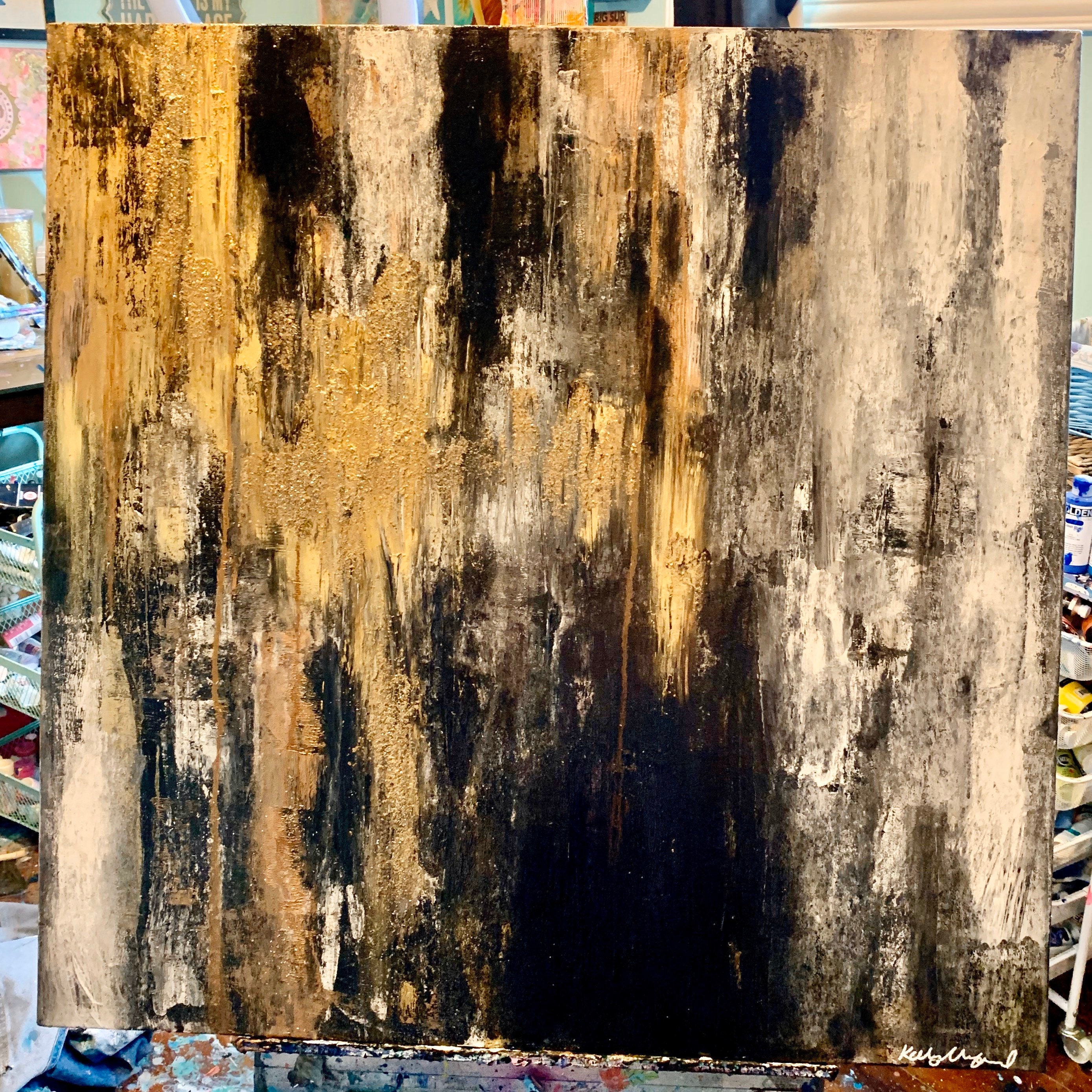 Original abstract art 36/36 black gold white metallic modern painting find your light