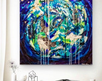 Original modern abstract art celestial 36/36 cobalt blue clouds gold earth “the sky is falling”