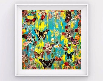 PRINT Giclee 12/12 butterflies flowers light blue daisies spring "metomorphosis"