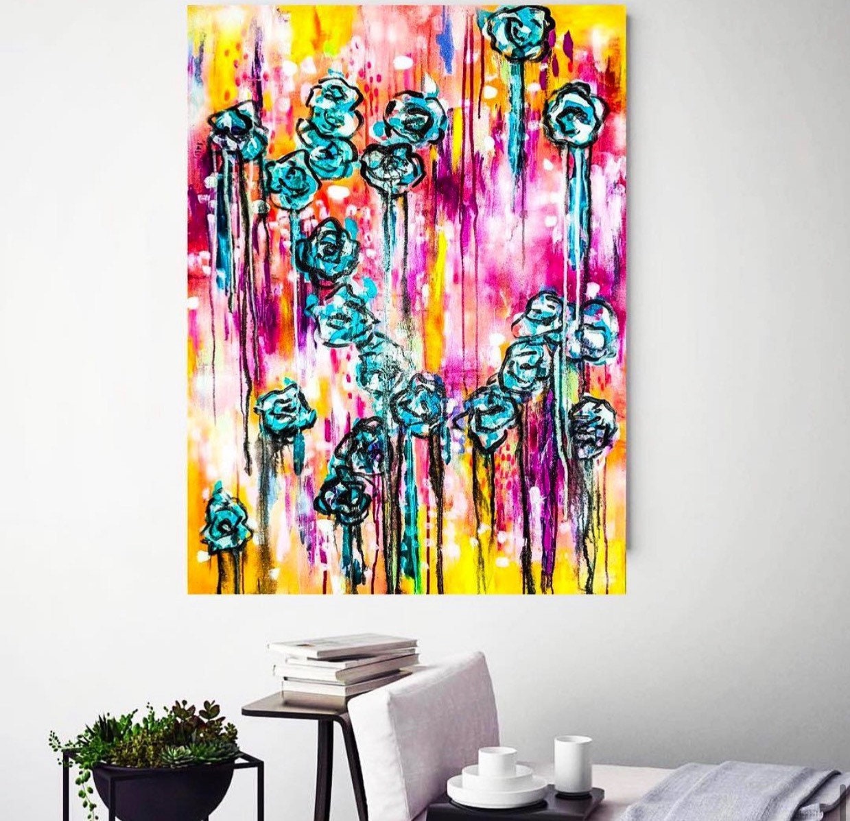 Original Abstract Art 30 40 Canvas Modern Floral Abstract Colorful Yellow Magenta Orange Teal Liberate