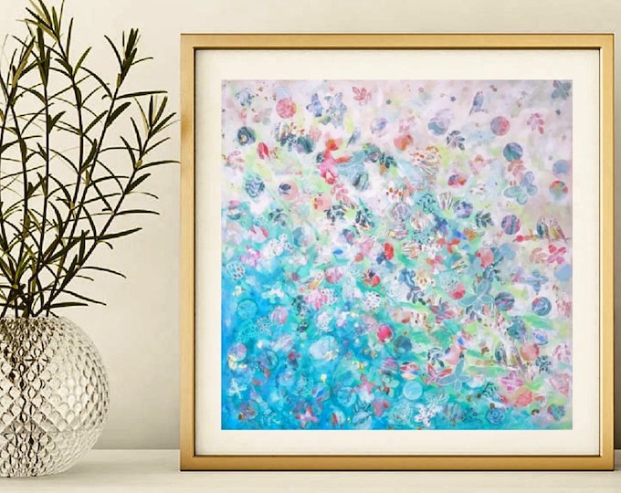 PRINT Giclee 11/14 pink roses cobalt blue abstract floral  “gratitude”