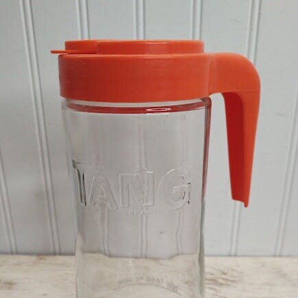 Tang Promotional Pitcher Clear w Orange Flip Lid Vintage Anchor Hocking Glass