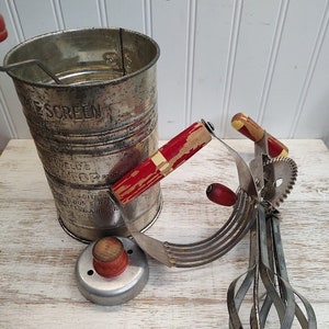 Vintage Red Handled Kitchen Gadget Bundle ~ RARE Bromwell TRIPLE Screen Sifter, Food Chopper, Mixer & Biscut Cutter