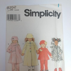 May include: Simplicity sewing pattern number 8352 for girls' coats and hats. The pattern includes four different styles: a pink coat with a matching hat, a yellow coat with a matching hat, a red coat with a matching hat, and a black and white spotted coat with a matching hat.