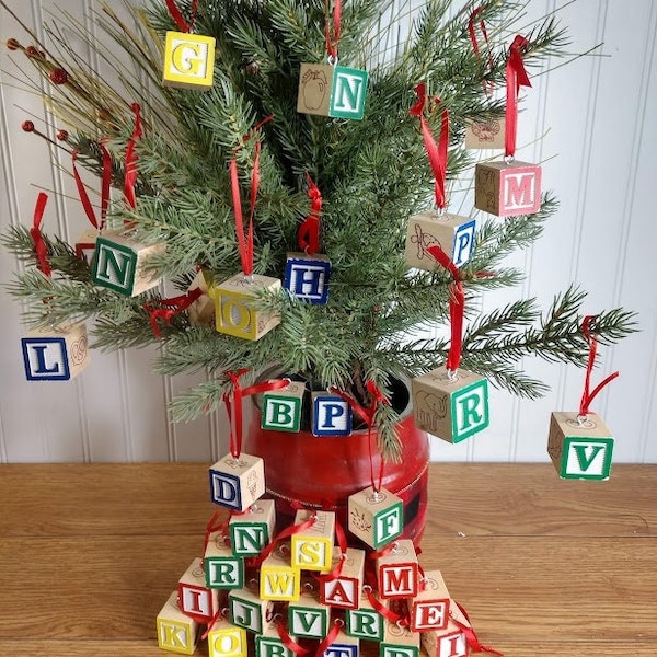 Alphabet Block Christmas Ornament, Vintage Wooden Alphabet Block, Christmas Decoration