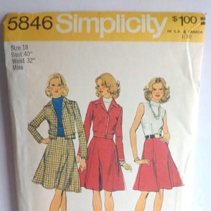 May include: Simplicity sewing pattern number 5846 for a skirt and jacket. The pattern is for sizes 18, bust 40 inches, waist 32 inches. The pattern shows three women wearing different versions of the skirt and jacket.