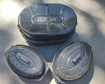 Vintage Blue Speckled Enamelware Roasters Choose ONE  - Vintage Kitchen -  Farmhouse Decor - Cookware