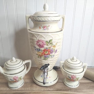 Royal Rochester Uranium Glazed Coffee Pot Percolator with Sugar Bowl & Creamer "Field Flowers" Pattern COMPLETE WORKING