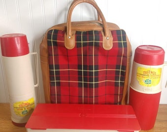 Vintage Thermos Picnic Bag Set Red Plaid Sandwich Case Storage Cups Lid