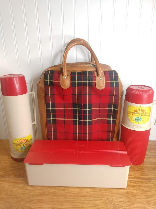 Thermos Red Plaid Retro Picnic Bag 2 Thermos, Sandwich Box Vintage