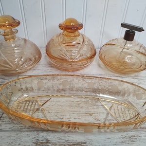 Art Deco Blush Pink Glass Dressing Table SEt ~ Pressed Glass ~ Depression Glass
