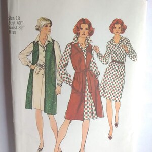 May include: Simplicity sewing pattern number 16907 for a dress with a vest. The pattern is for a size 18, bust 40 inches, waist 32 inches. The pattern shows three different styles of the dress, one with a green vest, one with a red vest, and one with a checkered pattern.